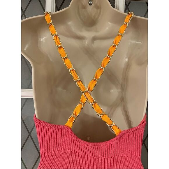 Zara Chain Strap Sleeveless Rib Knit Fit And Flare Dress Hot Pink Size Large - Picture 6 of 9